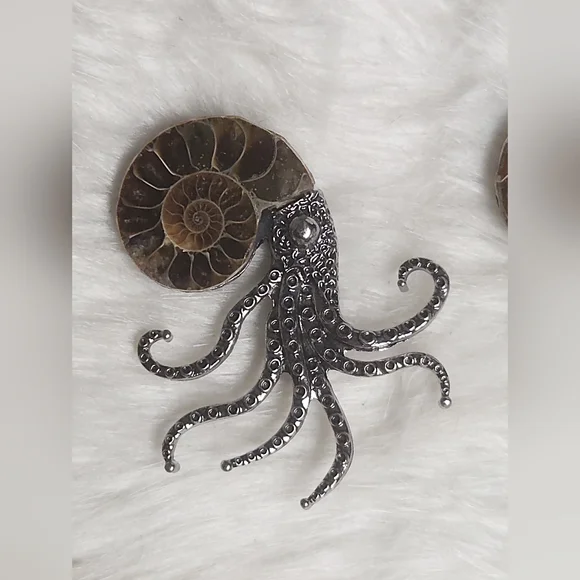 Ammonite Fossil Shell Octopus Brooch | Nautical Statement Pin | Ocean Gothic Jew - Picture 5 of 9